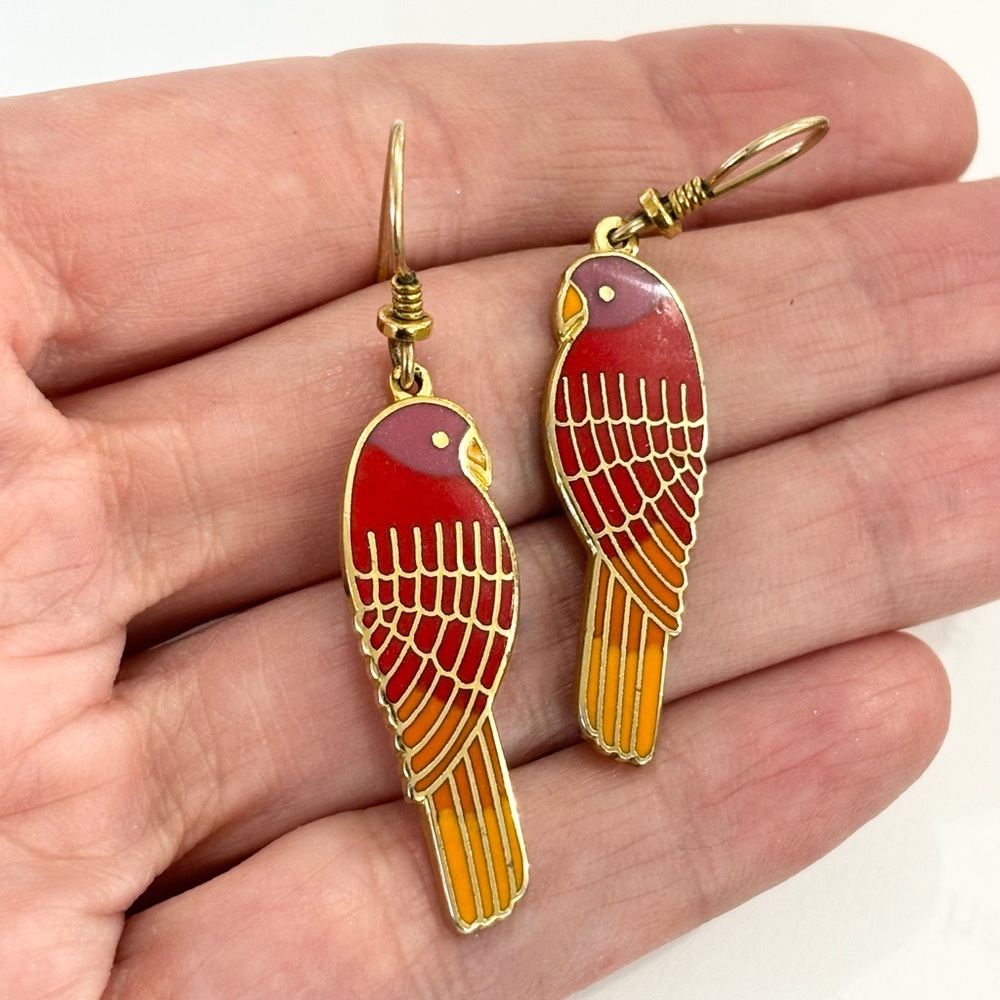 1980’s Laurel Burch rare enamel “Lorikeets” Parrot dangle earrings